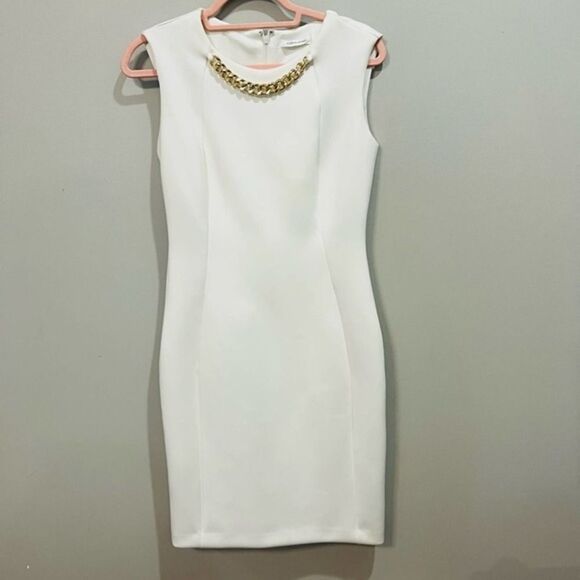 Calvin Klein white gold embellished sleeveless sheath dress size 4 - Picture 3 of 12